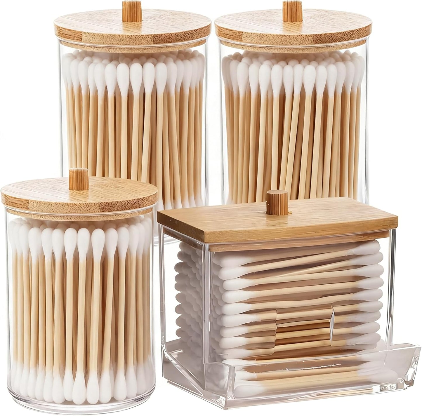 AXX Qtip Dispenser Apothecary Jars Bathroom - Qtip Holder Storage Canister Clear Plastic Jar for Cotton Swab,Q-Tips,Cotton Rounds (E#Cylinder 4Pcs)