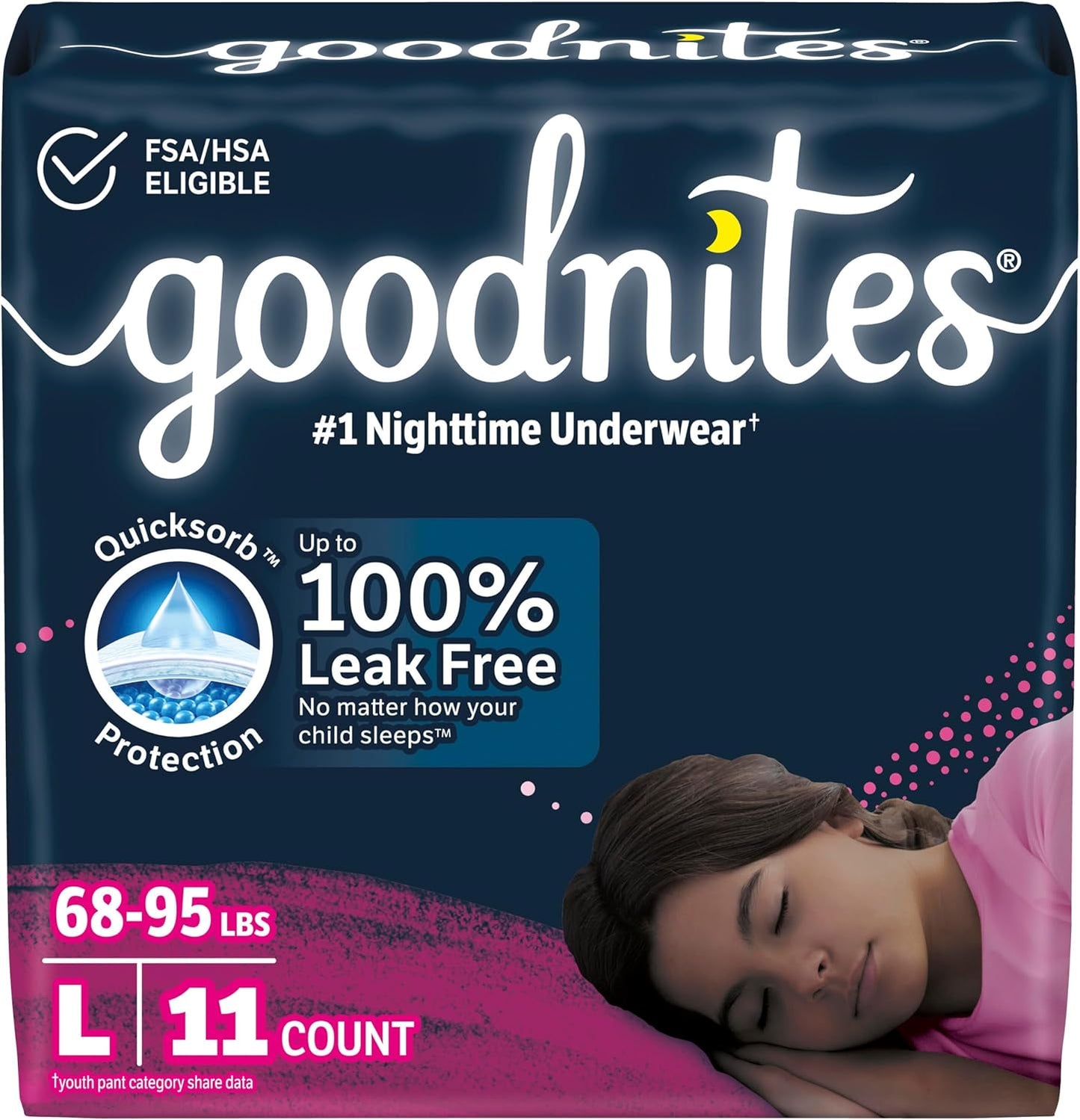 Goodnites Girls' Nighttime Bedwetting Underwear, Size Large (68-95 lbs), 11 Ct, Packaging May Vary