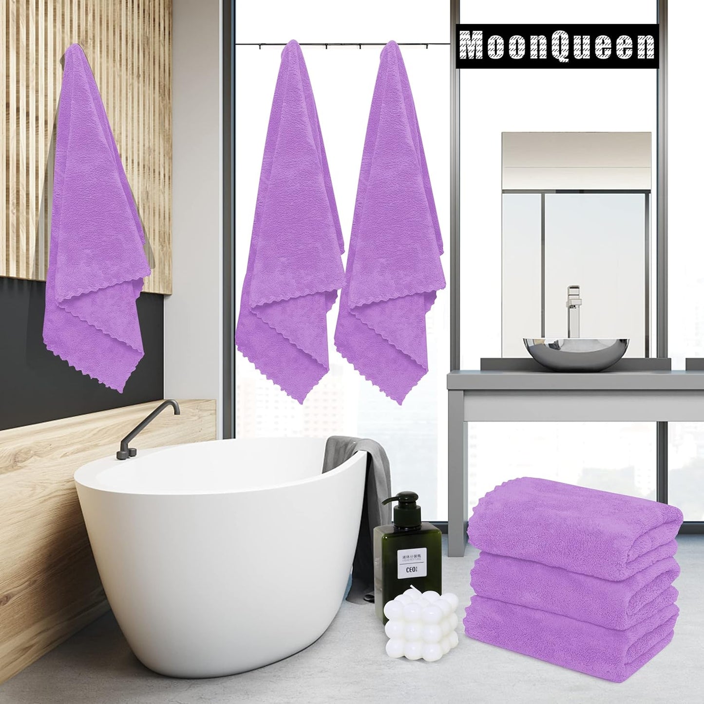 MOONQUEEN 6 Pack Premium Bath Towel Set - Quick Drying - Microfiber Coral Velvet Highly Absorbent Towels - Multipurpose Use as Bath Fitness, Bathroom, Shower, Sports, Yoga Towel (Purple)