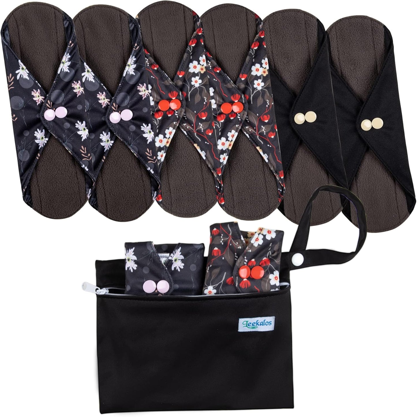 Leekalos Reusable Menstrual Pads - Bamboo Menstrual Cloth Pads | Light Incontinence Pads | Reusable Sanitary Pads - Pack of 6, 1 Cloth Mini Wet Bag