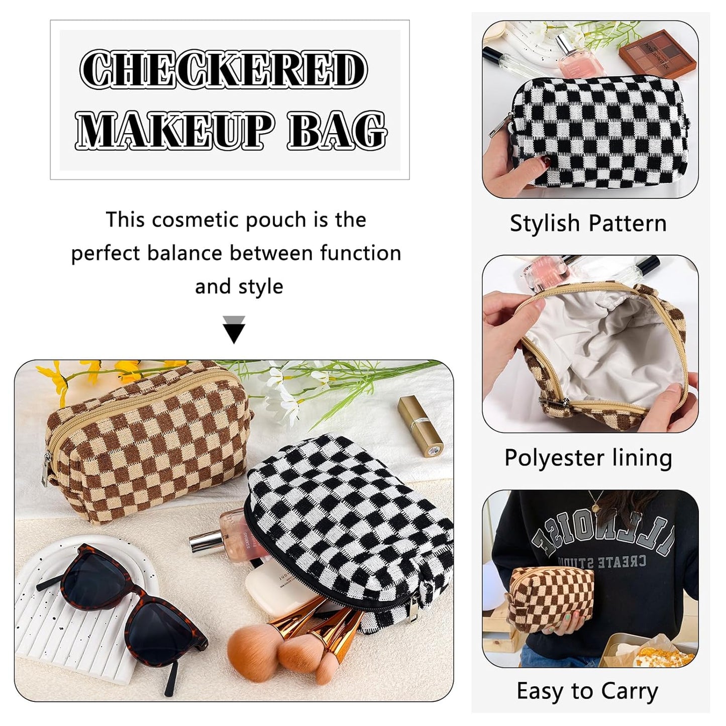 ZLFSRQ 2Pcs Checkered Pencil Case Cute Pencil Pouch for Teens Checkered Makeup Bag Medium Travel Cosmetic Bag Preppy Makeup Pouch for Purse Aesthetic Zipper Toiletry Bags Organizer(Black/Brown)