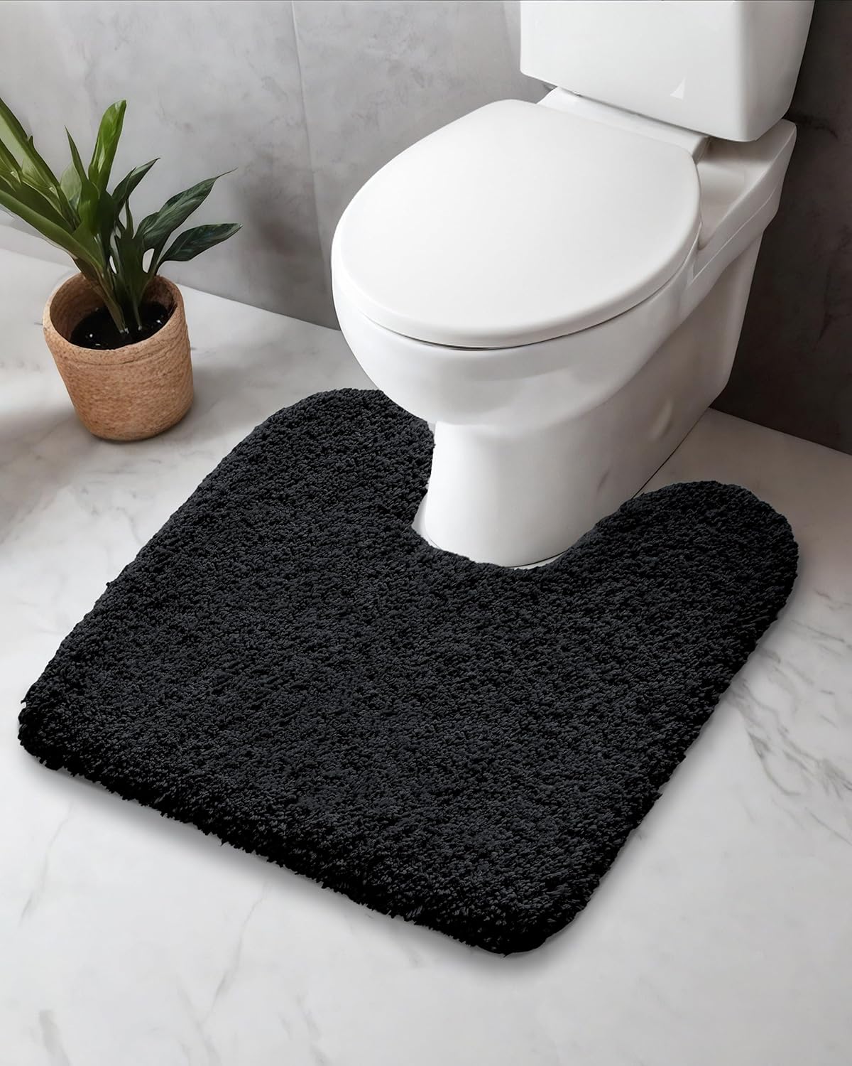 ILANGO Black Toilet Rugs U Shaped 22" × 24" Non Slip & Super Absorbent Extra Thick Soft, Washable Bath Mats for Bathroom Floor, Microfiber Plush Shaggy Contour Bath Rugs for Toilet,Dry Quick