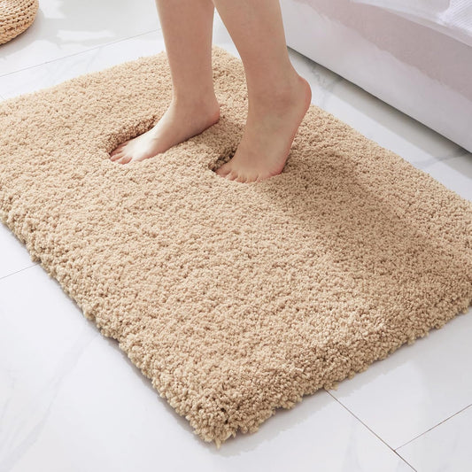 ILANGO Beige Bathroom Rugs 24" × 17" Small Non Slip & Super Absorbent Extra Thick Soft, Washable Bath Mat for Floor, Microfiber Plush Shaggy Bath Rug with Rubber for Bathtub Shower Room Sink