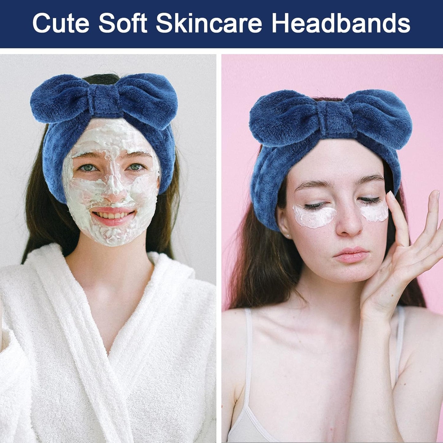 Ondder Spa Headband for Washing Face 8 Pack Navy Blue Skincare Headbands for Women Girls Terry Cloth Cute Bow Head Bands