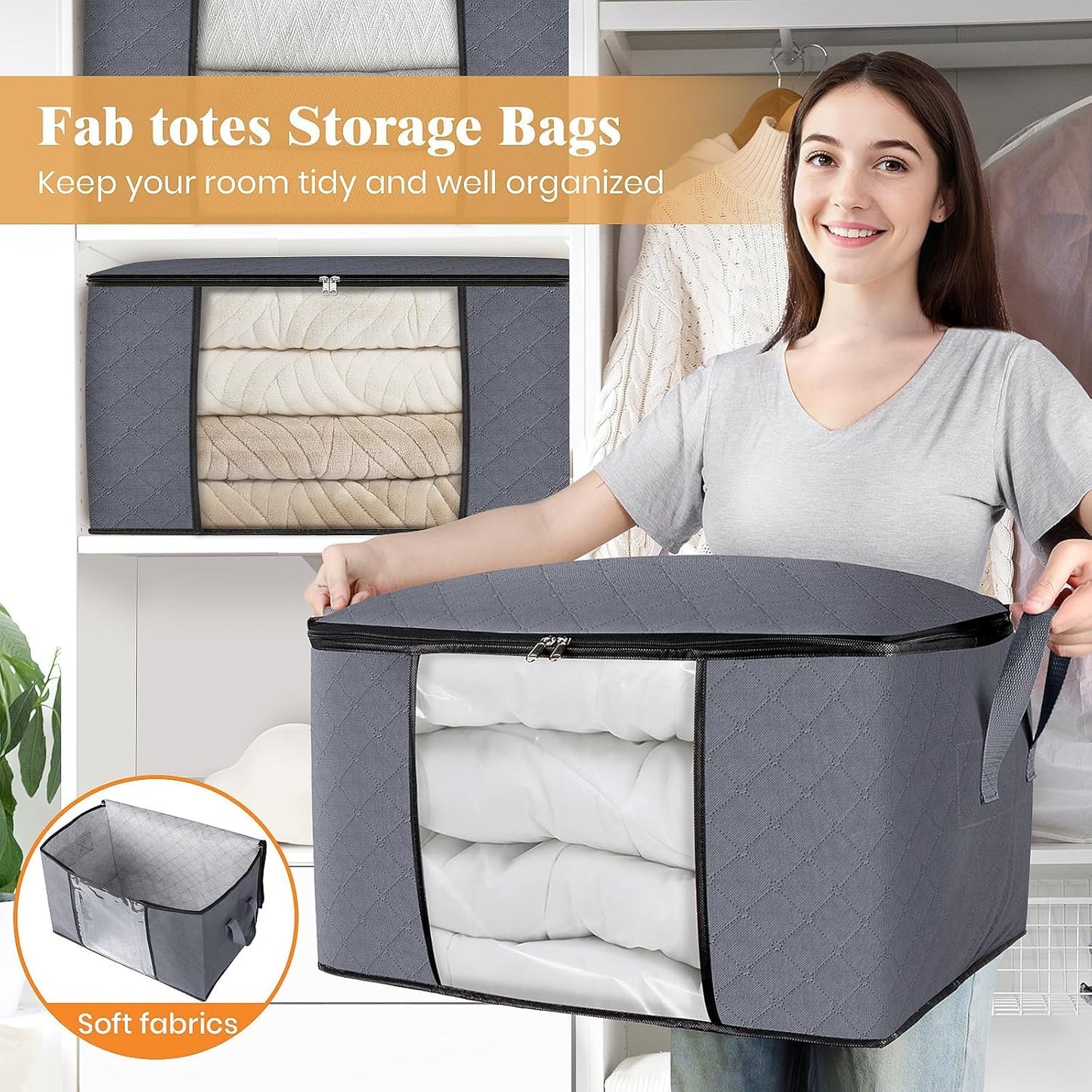 Fab totes 6 Pack Clothes Storage, Foldable Thick Fabric Blanket Storage Bags, Containers for Organizing Bedroom, Closet, Clothing, Comforter,Closet Organization with Handle,Grey