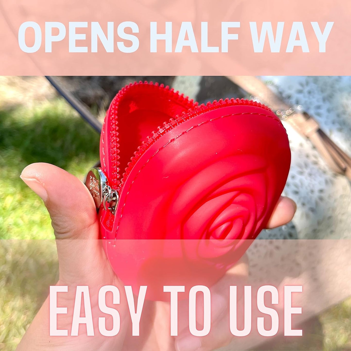 Menstrual Period Cup Case Storage Bag | Rose Design + Silicon Material | Easy to carry, clean, and use | Metal Chain attached | Multi-use for any small items - Red