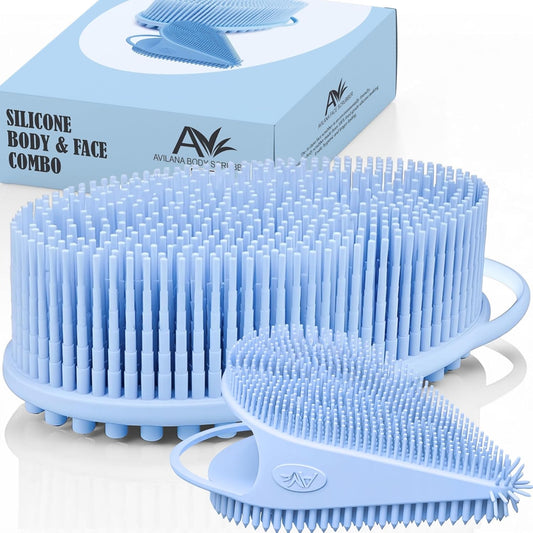 Avilana Silicone Body Scrubber – Gentle Shower Brush & Loofah Alternative- Food Grade & Lab Tested – Fast-Drying, Hygienic, BPA-Free Silicone Body Gentle Exfoliator (Blue, Body & Face)