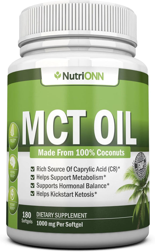 MCT Oil - 3000mg Per Serving - 180 Softgels - Made from 100% Organic Coconuts - Non GMO, Cold Pressed, Paleo Friendly Capsules - Great for Focus & Gut Health