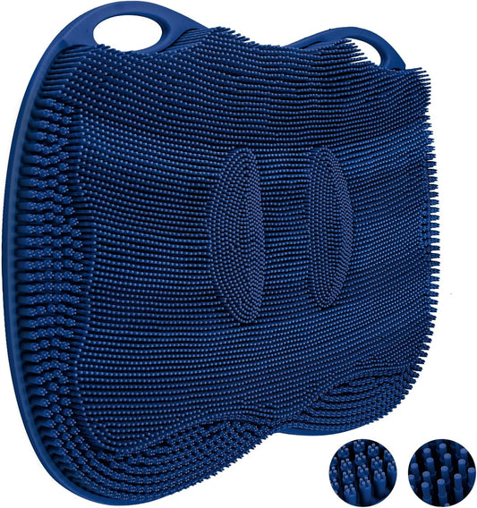 XL Shower Foot Scrubber Mat, Silicone Feet Massage Cleaner Dead Skin Toes Clean Pad without Bending Non-slip Suction Cups -Improve Circulation for Feet Beauty Exfoliate Smooth Achy 17.2*13" Navy Blue