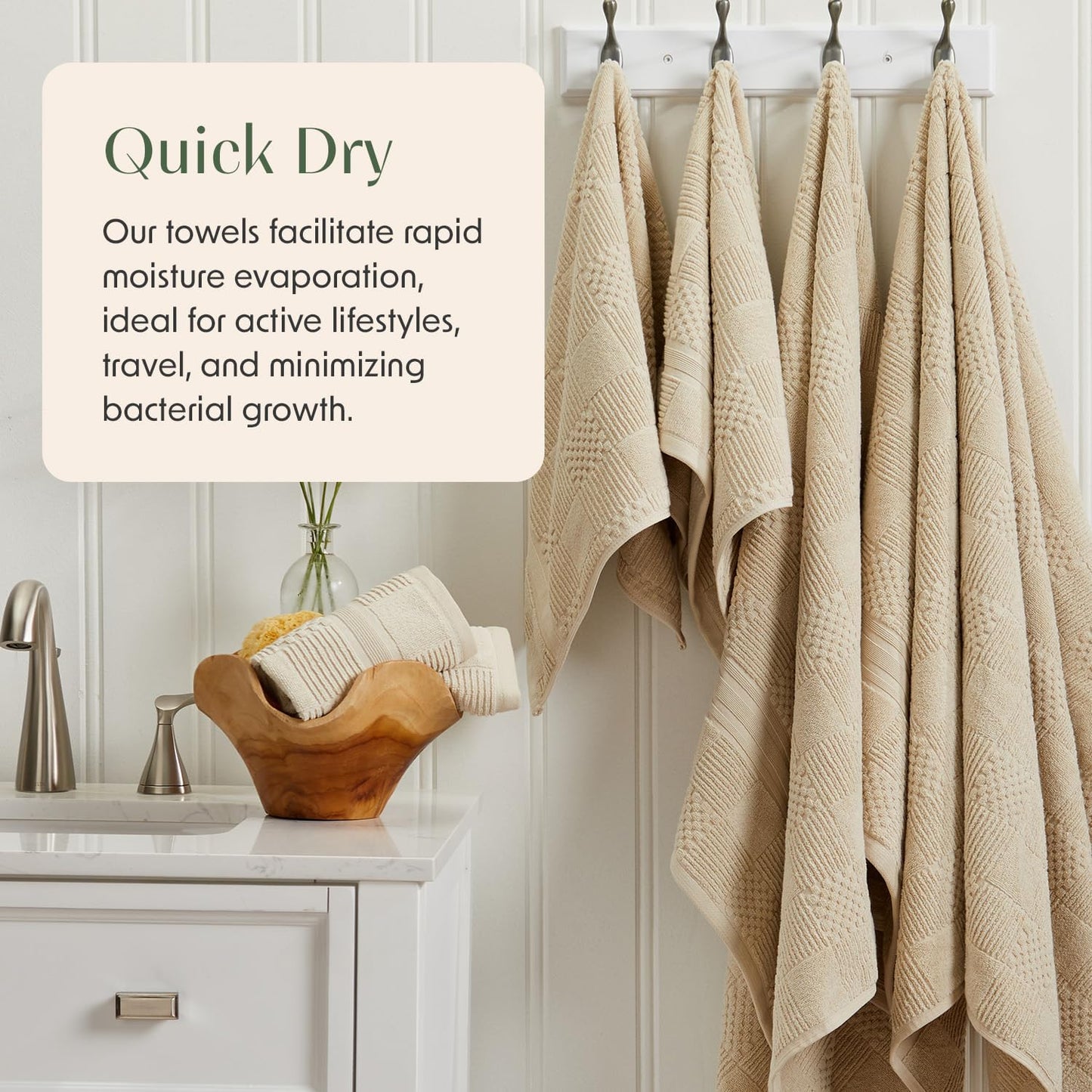 Springtree Home 100% Cotton Bathroom Towel Set | 6 Piece Set - Beige Towels | Geometric Textured Design | Absorbent & Quick-Dry | Oeko-TEX® Standard 100 Cotton | Myla Collection - Sandshell
