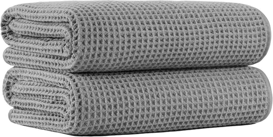 New Microfiber Waffle Bath Towels, 2 Pieces, Oversized, Soft, Absorbent, Fast Drying, Lint Free (Gray)