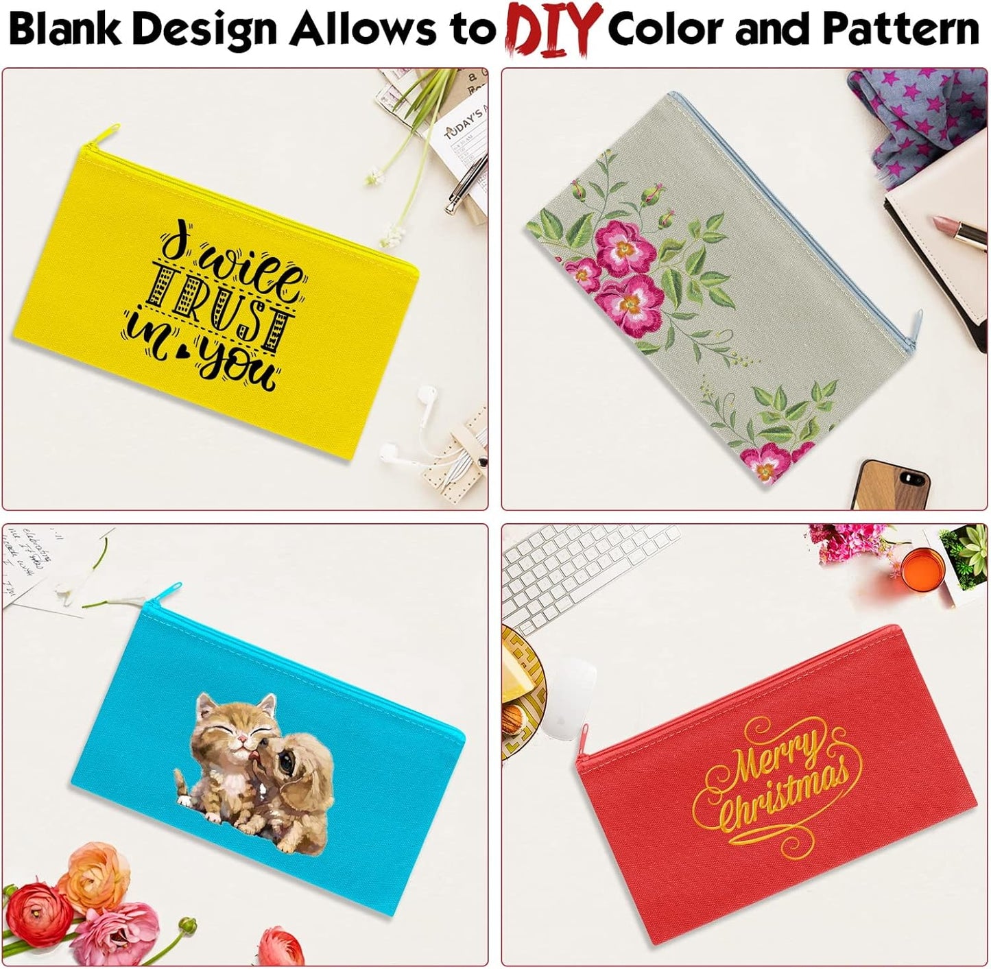 12 Pieces Cotton Canvas Makeup Bag, Multipurpose Cosmetic Bag with Zipper Travel Toiletry Pouch, Blank DIY Craft Bag (Multicolored A, S)