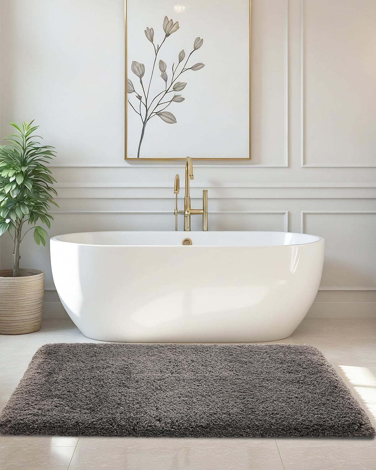 ILANGO Dark Gray Bathroom Rugs 48" × 24" Non Slip & Super Absorbent Extra Thick Soft, Washable Bath Mat for Floor, Microfiber Plush Shaggy Bath Rug with Rubber for Bathtub Shower Room Sink