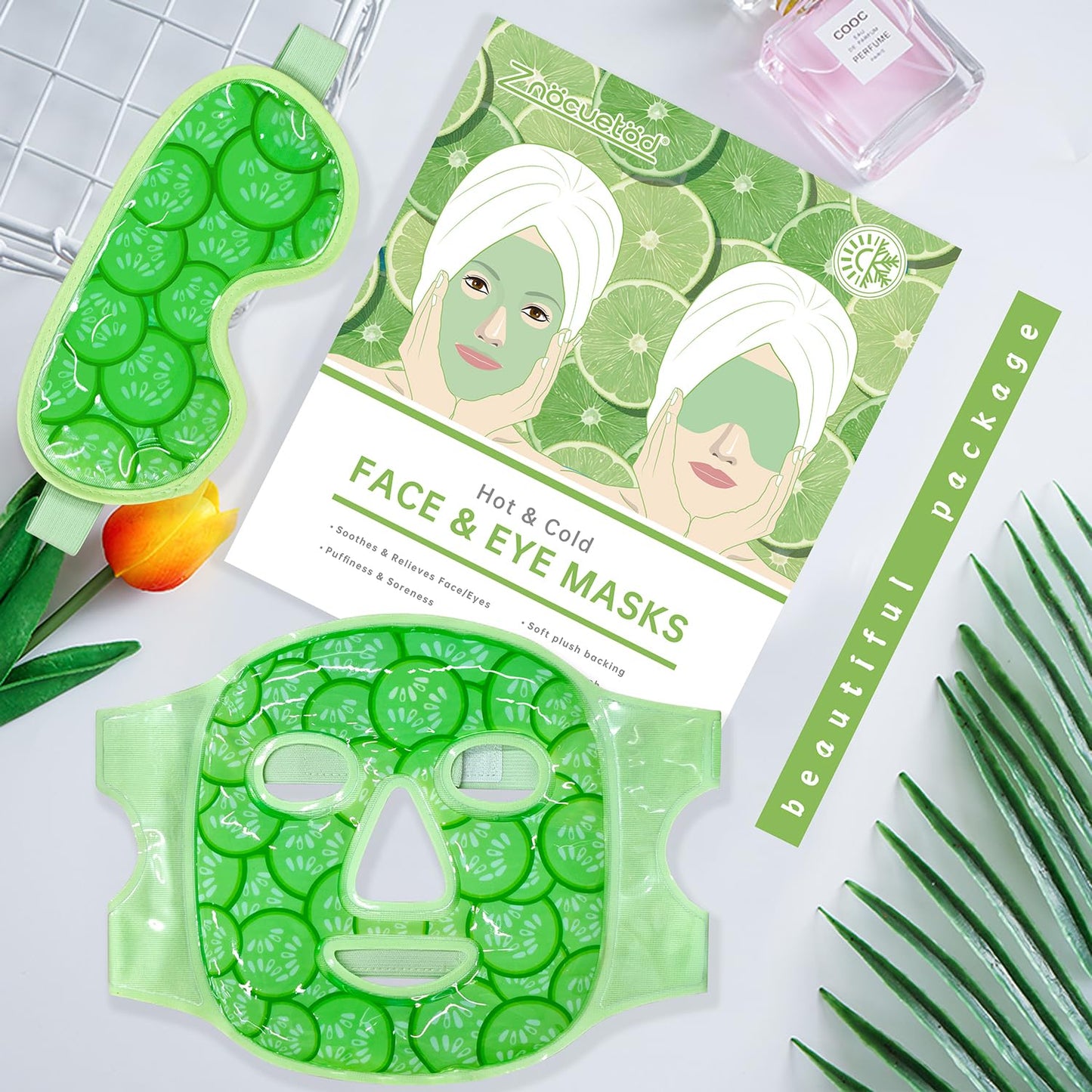 ZNÖCUETÖD Face Eye Mask Ice Pack for Reducing Puffiness, Bags Under Eyes, Puffy Dark Circles, Migraine,Hot/Cold Pack with Soft Plush Backing (Cucumber Green)