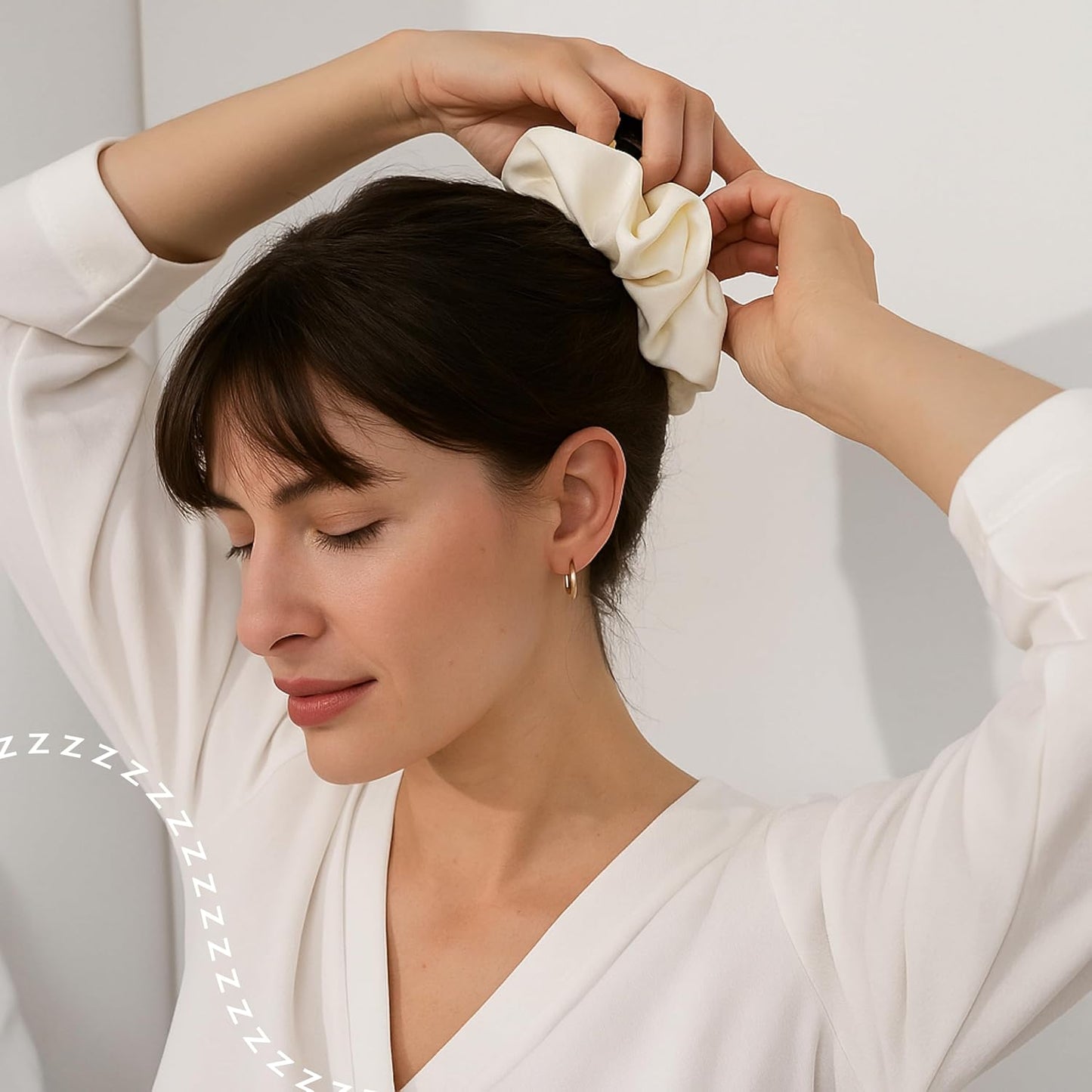 Lunya Washable Silk Scrunchies - Mulberry Silk Hair Ties - Tranquil White - One Size Fits Most