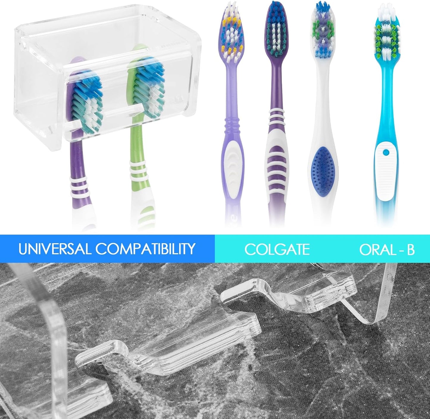 Toothbrush Holder Wall Mounted with Cover for Bathroom, 2 Slots Toothbrush Storage Organizer for Shower, Self Adhesive Toothbrush Hanger Rack for Dorm, Cabinet (Clear)