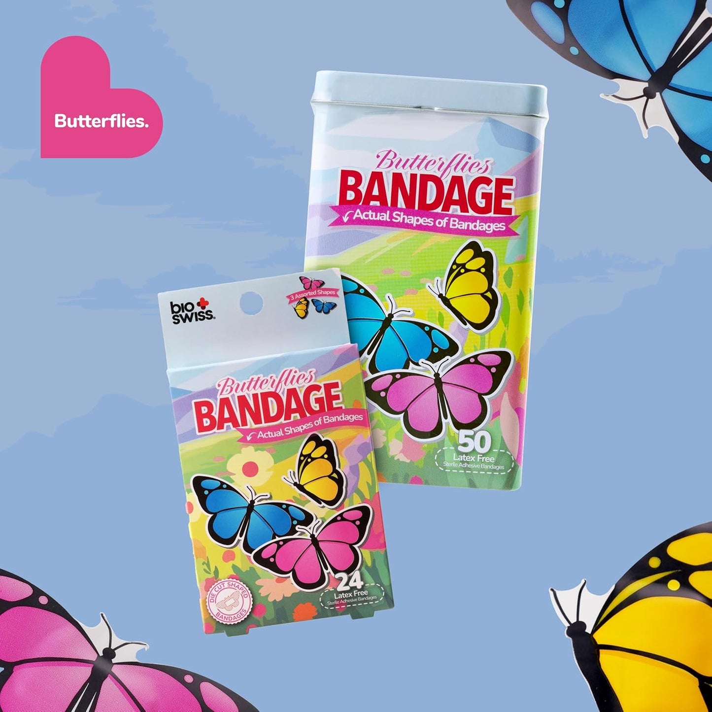 BioSwiss Kids Bandages, Butterfly Shaped Self Adhesive Bandage Set, Latex Free, Sterile Wound Care, 24 Count