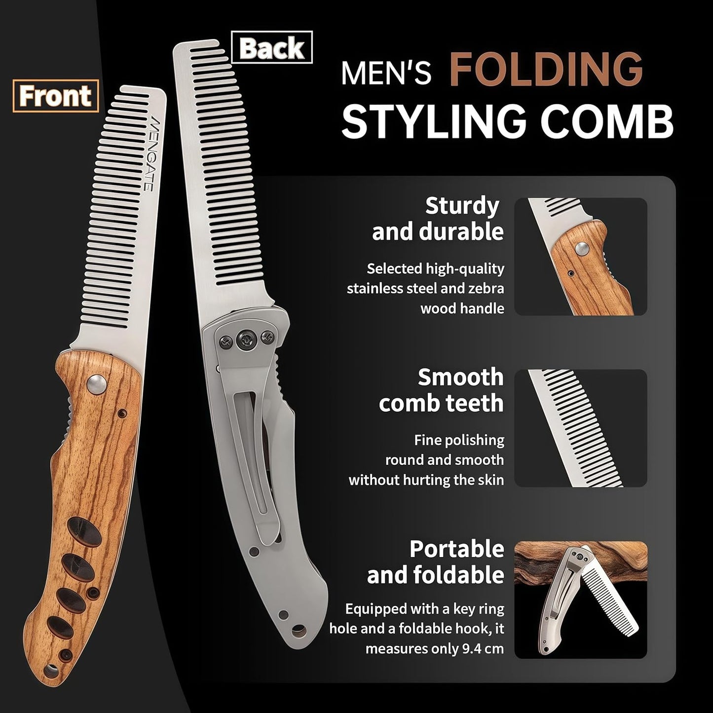 1PC Small Folding Pocket Beard & Mustache & Hair Styling Comb for Men - Metal Tactical Grooming Tool with Wooden Handle, with 180° Rotatable for Outdoor Travel & Home Use - Length 6.57inch