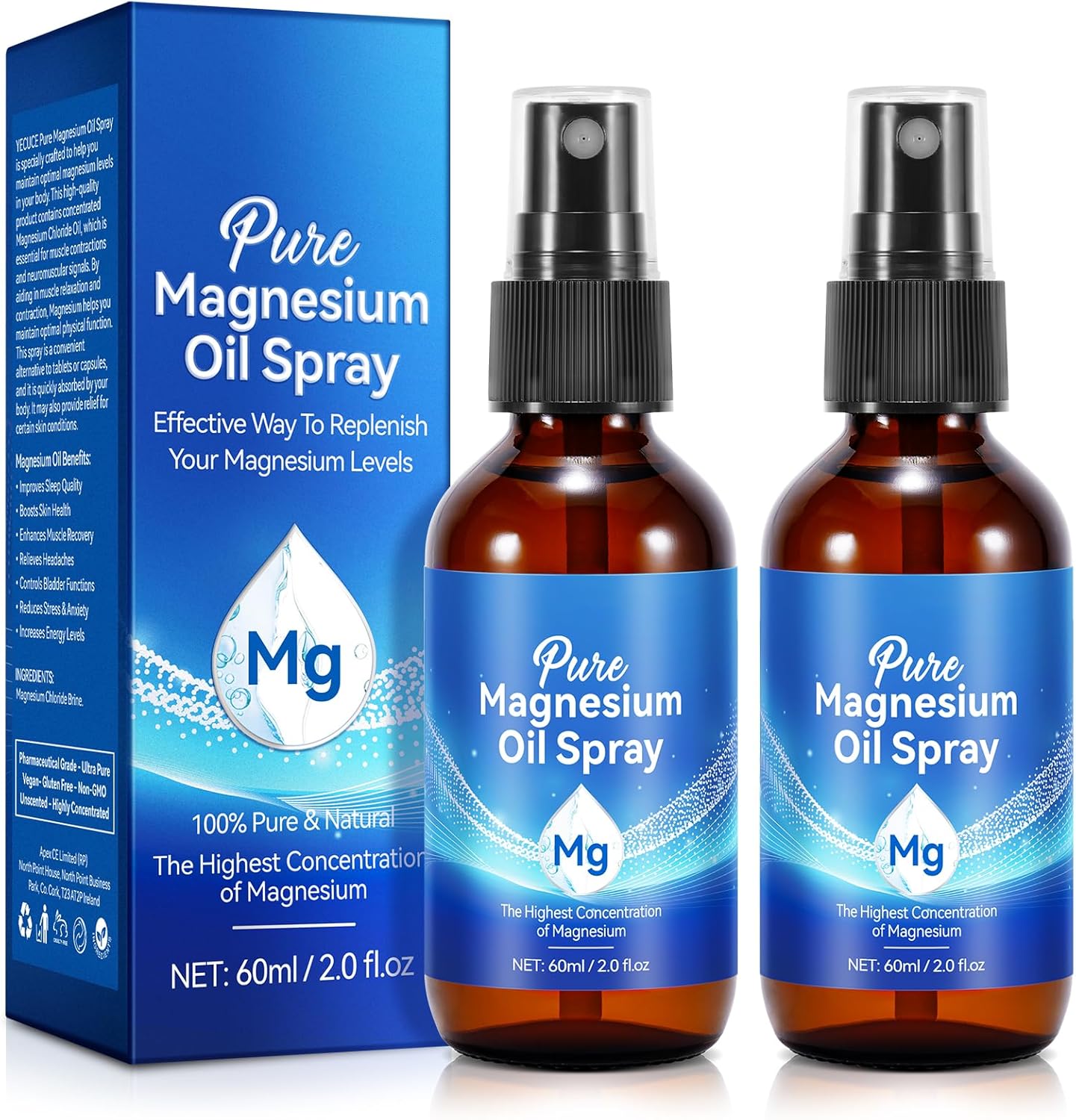 Pure Magnesium Oil Spray 2Fl Oz, 2Pack Natural Magnesium Oil Spray for Feet, Body, Skin, Topical Mg Oils Products