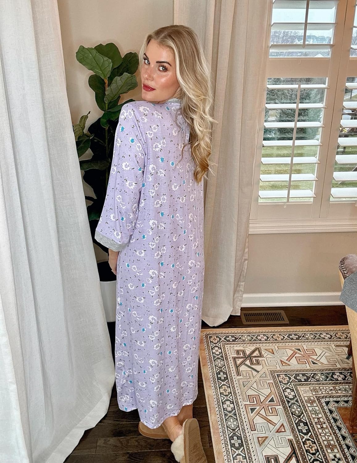 Ekouaer Women Zipper Robe 3/4 Sleeves Loungewear Dress Full Length Sleepwear Pockets Housecoat Nightgown Long Bathrobe