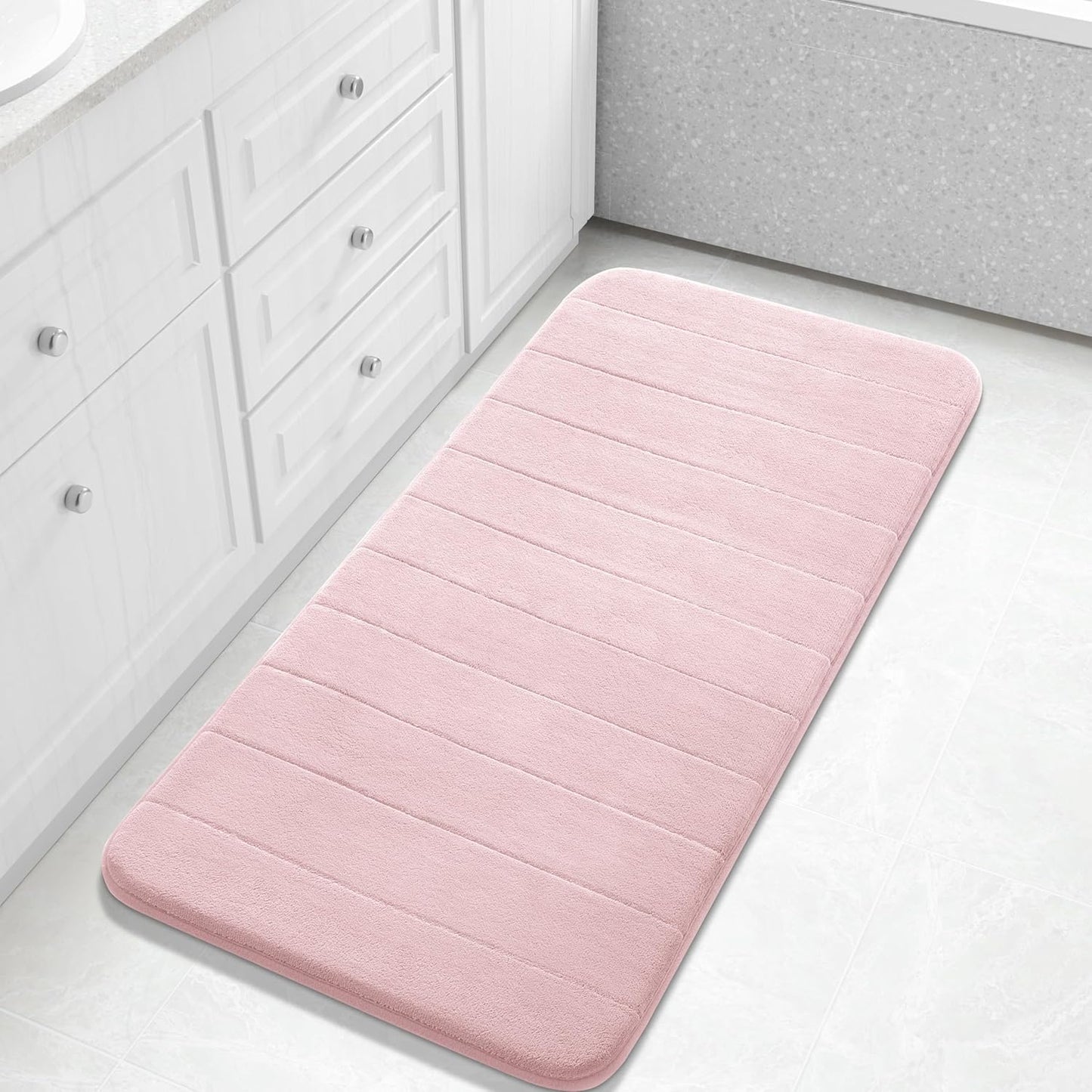 Yimobra Long Bath Mat 44"x24", Super Soft Quick Dry Memory Foam Bathroom Rug, Water Absorbent, Non Slip Backing Machine Washable for Tub Shower, Thick Comfort Support, Pink