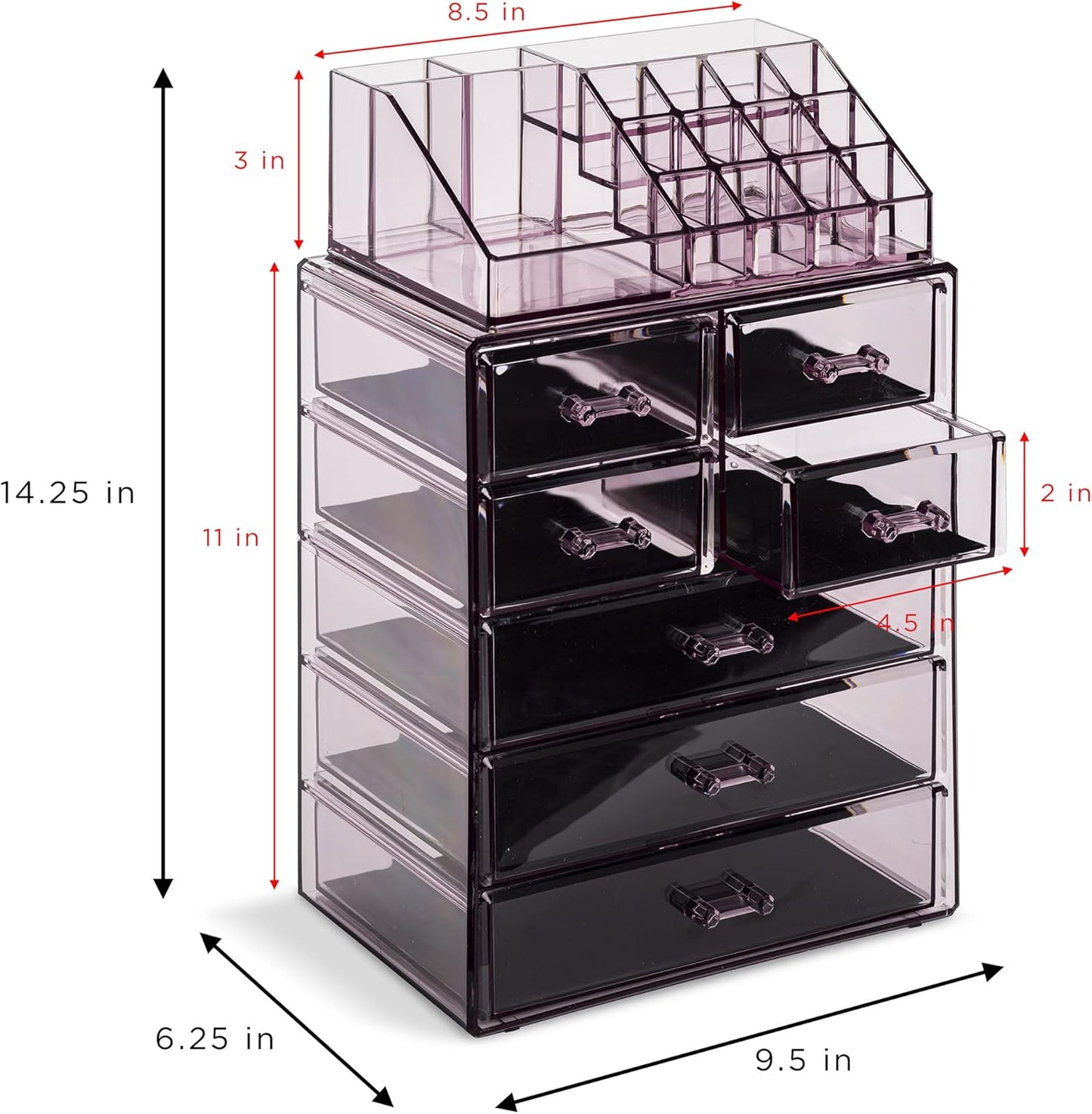 Sorbus Clear Cosmetic Makeup Organizer - Make Up & Jewelry Storage, Case & Display - Spacious Design - Great Holder for Dresser, Bathroom, Vanity & Countertop (3 Large, 4 Small Drawers) [Purple]