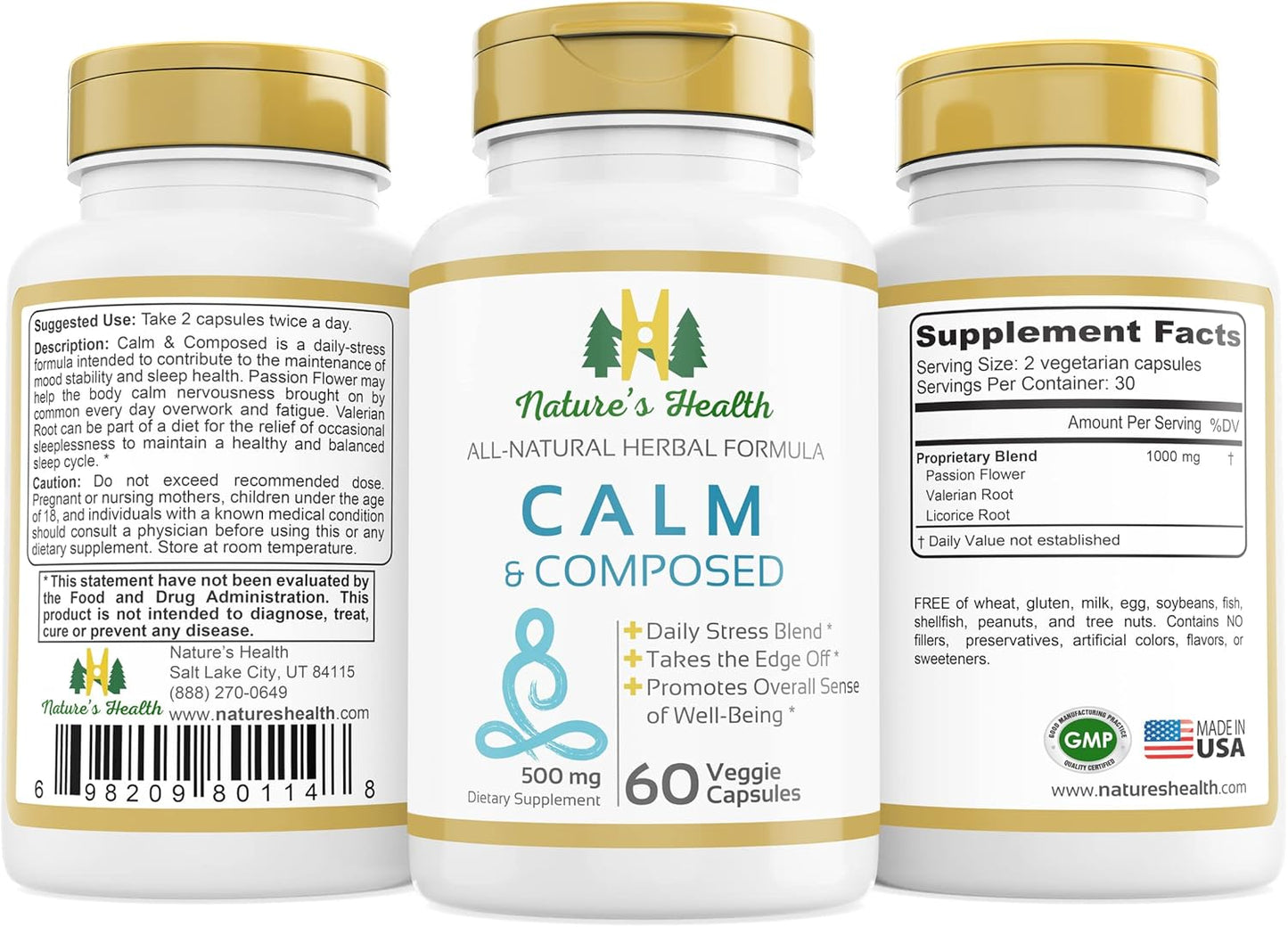 Nature's Health Calm and Composed – Valerian Root and Passion Flower Formula – Daily Stress Relief – Relaxation Supplement – 1000 mg per Serving – 60 Vegetarian Capsules