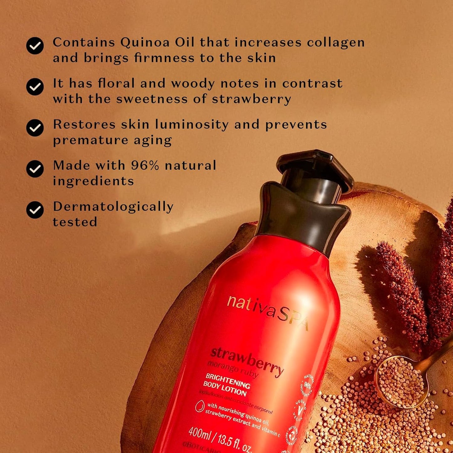 Nativa SPA by O Boticário, Ruby Strawberry Antioxidant Body Lotion, Brightening Vitamin C and Nourishment for Radiant Skin, 13.5 Ounce