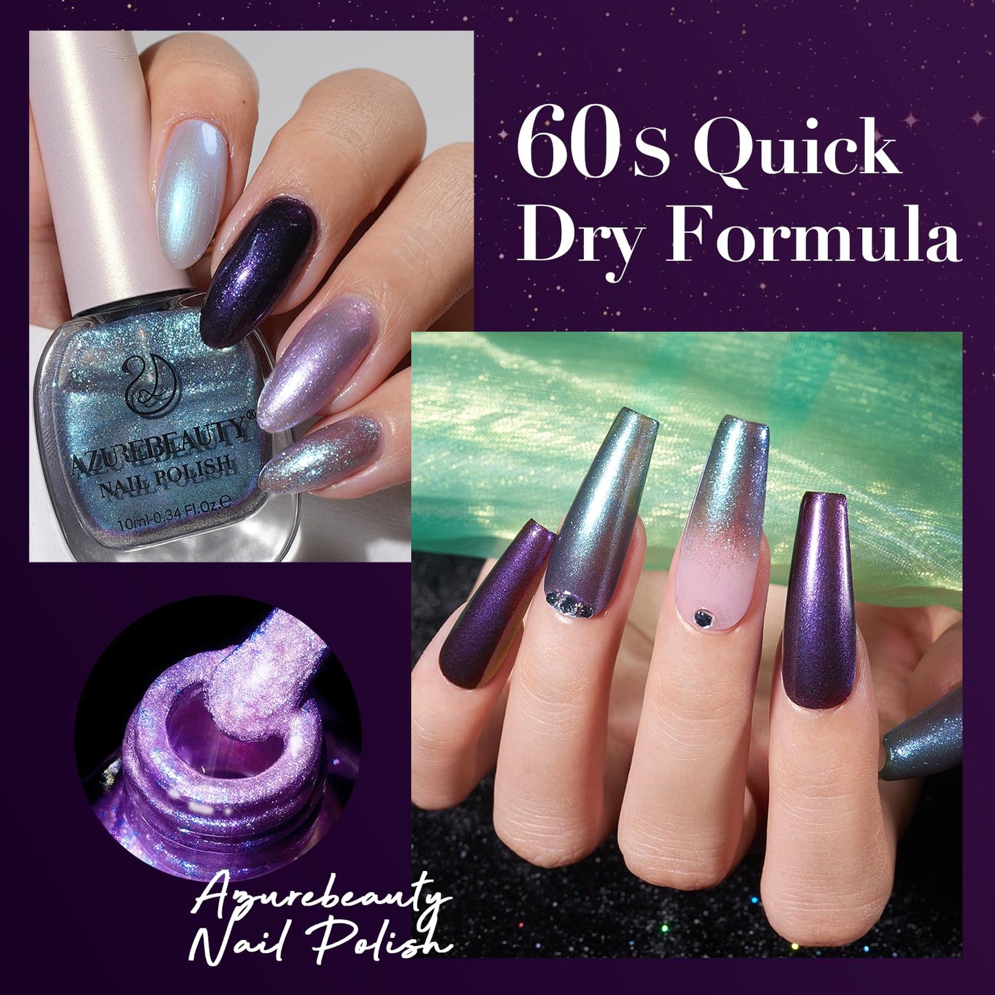 AZUREBEAUTY Holographic Nail Polish Set: 4 Colors Quick Dry Purple Pink Chameleon Fall Winter Natural Fingernail with Top Coat DIY Salon Gift for Women