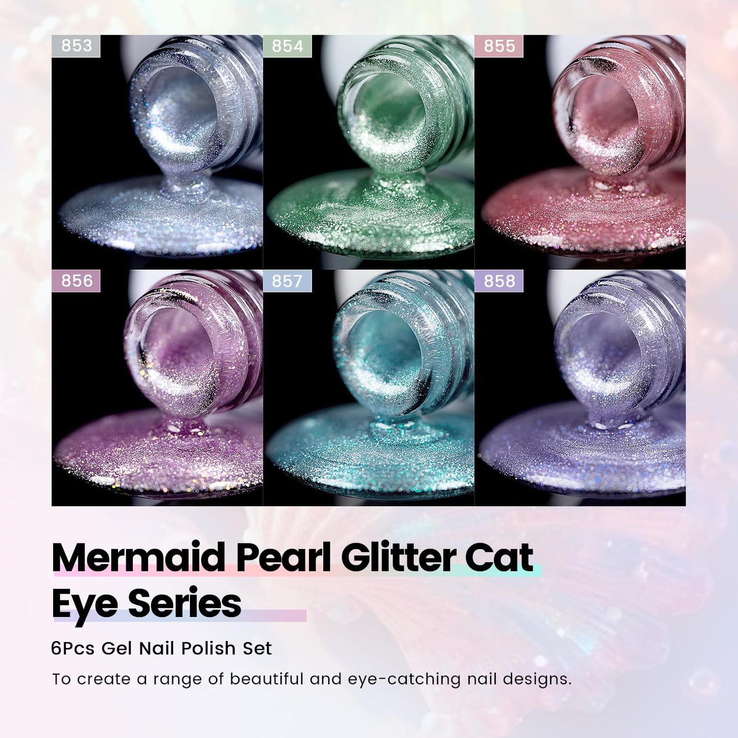 RARJSM Aurora Mermaid Cat Eye Gel Nail Polish Set 6 Colors Velvet Silver Glitter Pink Green Blue Purple Galaxy Star Shimmer Gel Polish with Magnetic Stick UV LED Curing Requires Soak Off Home Salon