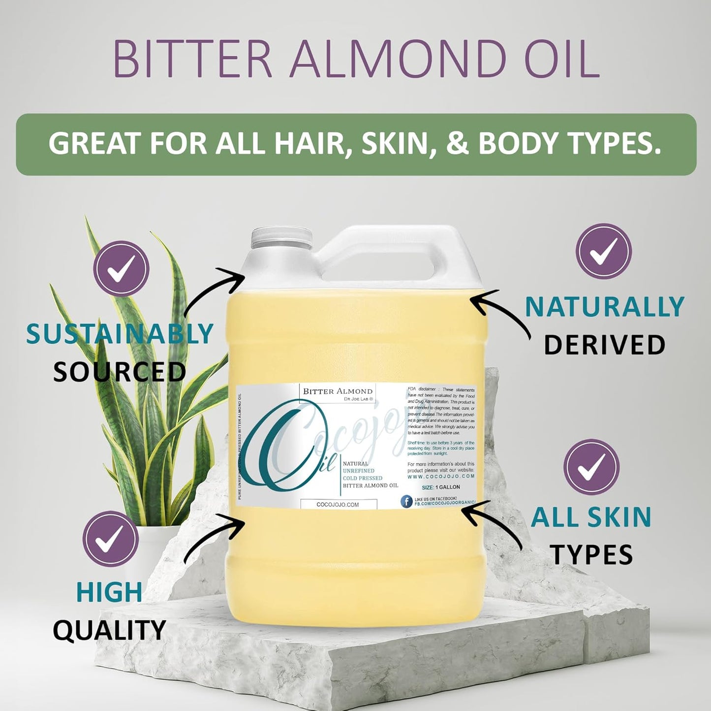 cocojojo Pure Bitter Almond Oil - Unrefined, Cold Pressed, Extra Virgin, All Natural - Perfect for Hair, Face, Skin, Nails (1 Gallon)