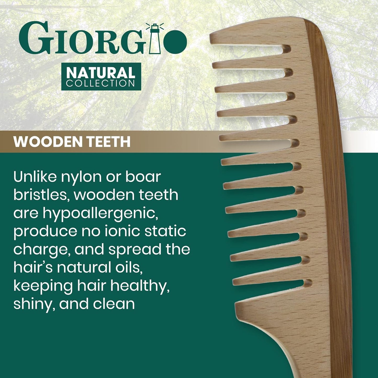 Giorgio GIONAT5 Natural Wooden Detangling Comb with Comfortable Handle - Wide Tooth Comb for Curly Hair, Bamboo and Beechwood Hair Combs for Thick Hair - Organic Wooden Hair Comb for Men and Women