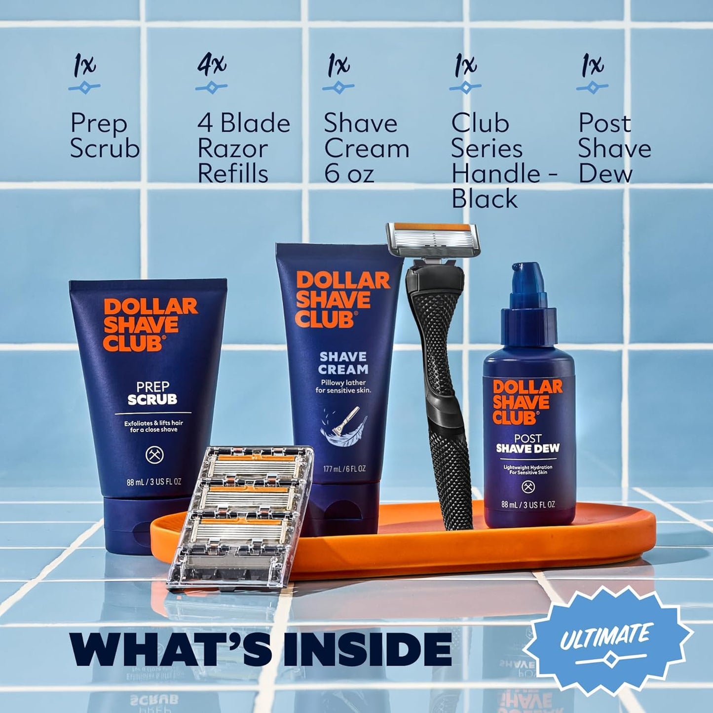 Dollar Shave Club | Ultimate Shave Set | 4 Extra Close Refill Cartridges, 1 Handle, 1 Prep Scrub 3 ounce, 1 Shave Cream 6 ounce, 1 Post Shave Dew 3.4 ounce