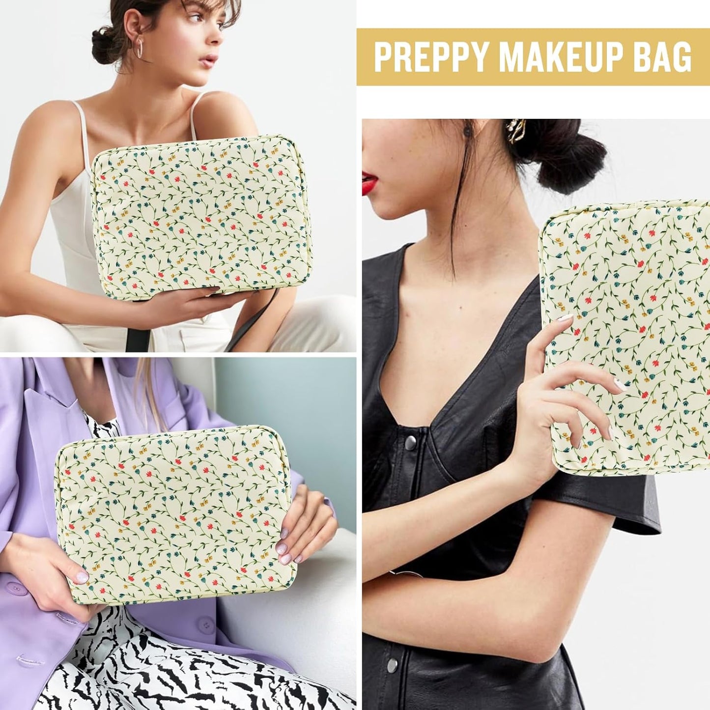 Nylon Large Floral Makeup Organizer Bag, Preppy Big Cute Flower Cosmetic Zipper Pouch Multi-compartment with Dividers, Waterproof Toiletry Make Up Bag Travel Essentials for Women(Light Yellow-Flower)