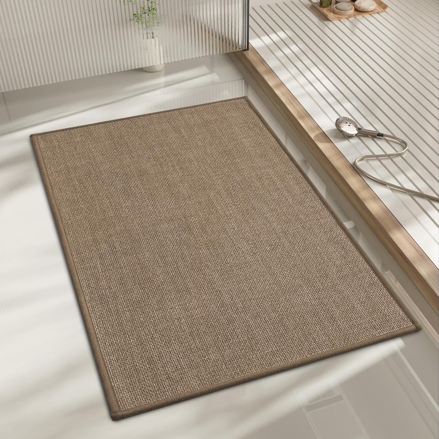 chakme Bathroom Rugs Mat 24x17, Ultra Thin Non Slip Bath Mat Small Quick Dry Absorbent Bath Mat for Bathroom Floor, (Dark Beige, 24"x17")
