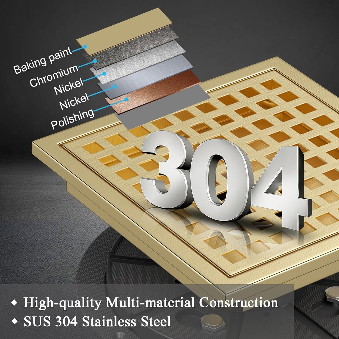 Square Shower Floor Drain with Flange, 6 Inch Brushed Gold Shower Drain Hair Catcher, SUS304 Stainless Steel Floor Drain Strainer, Shower Drain Cover