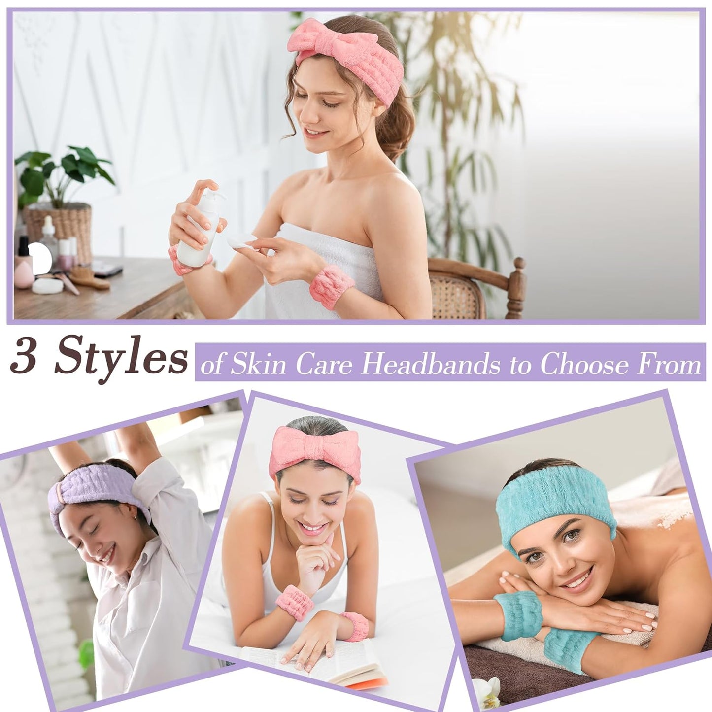 Spa Headband and Wristband Set - 3-Piece Skincare Headbands & 6-Piece Wrist Spa Wristbands for Women,Facial Hairbands for Washing Face, Makeup, Sports, Yoga, Headband for Washing Face