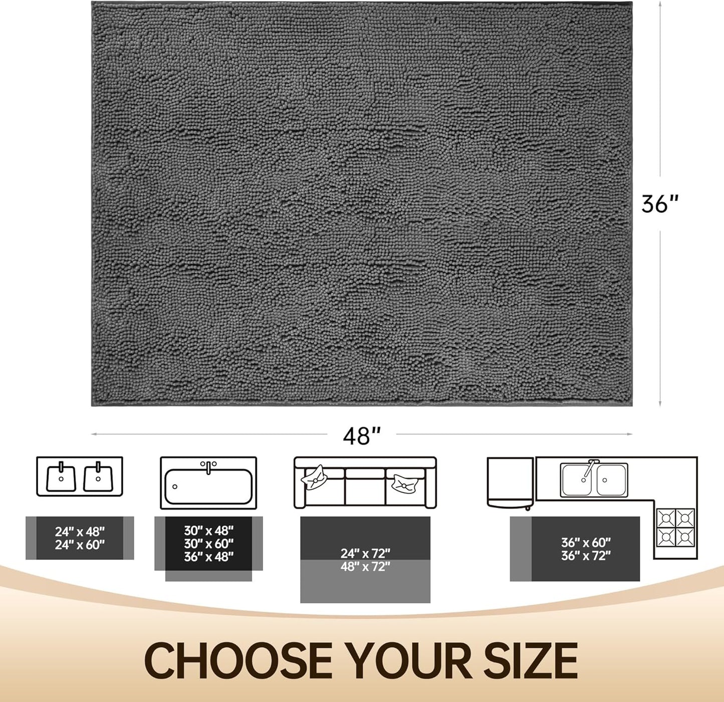 Amyracel Bathroom Rug Mat 36x48, Thick Soft Quick Dry Absorbent Chenille Bath Rug, Rubber Back Non Slip Machine Washable Bath Mat for Bathroom Shower Tub Floor