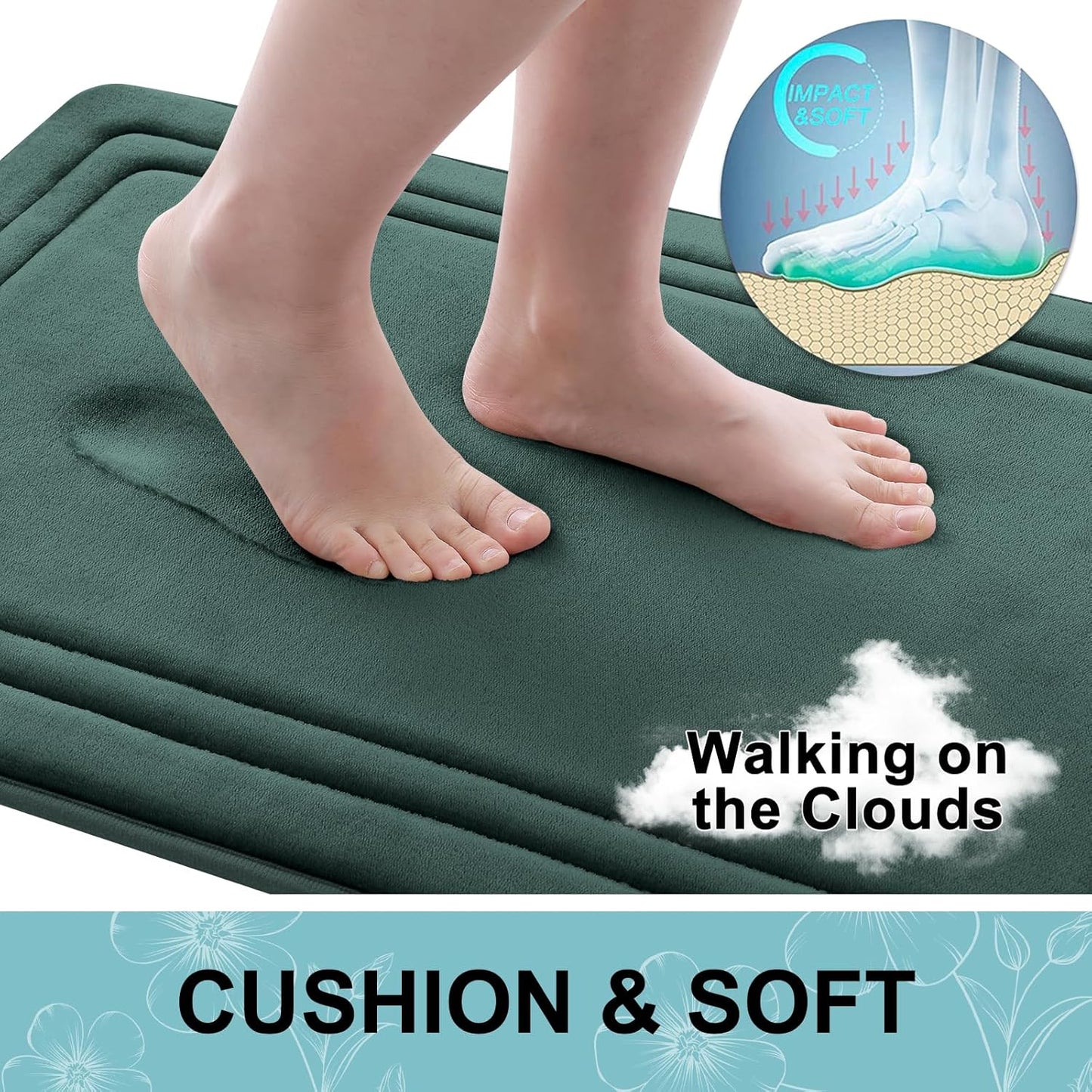 Grandaily Memory Foam Bath Mat Rug 24x16, Ultra Soft, Non-Slip and Absorbent Bathroom Rugs, Machine Wash Dry, Comfortable Bath Carpet for Bathroom Floor, Tub and Shower, Dark Green