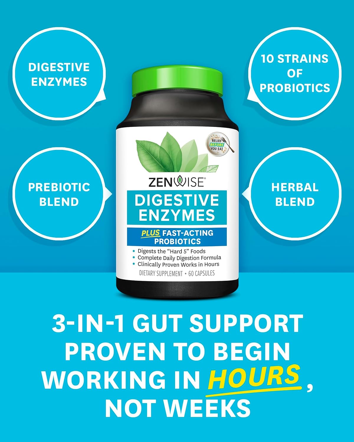 Zenwise Health Digestive Enzymes for Gut Health & Bloating Relief - Multi Enzymes Digestion Supplement with Probiotics, Bromelain & Papaya for Digestive Health Support - Men & Women - 60 Count