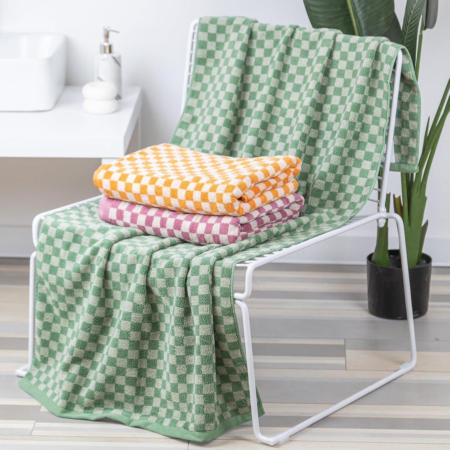 Checkered Bath Towel Set of 3, 100% Cotton Bath Towels Large, 520GSM, 55.12"*27.56", Luxury Shower Towels for Bathroom, Soft Absorbent Quick-Dry（Orange+Dark Green+Pink）