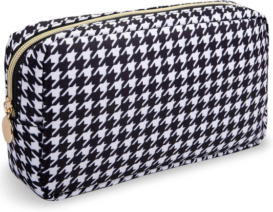 Nylon Small Makeup Bag for Purse, Cute Makeup Pouch Bag Preppy Cosmetic Zipper Pouch Purse, Portable Travel Toiletry Bag Clutch Makeup Brush Bag Organizer Storage for Ladies Girls(Black Houndstooth)