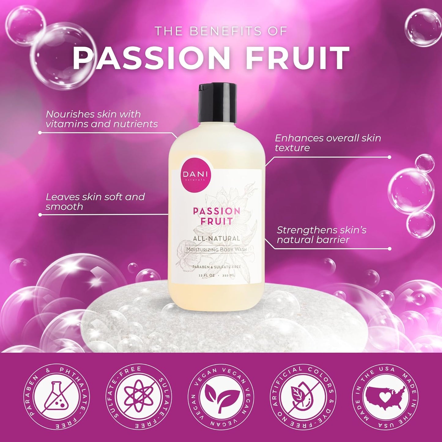 DANI Naturals Moisturizing Body Wash - Sweet Passion Fruit Scent with Organic Aloe Vera & Natural Glycerin - Sulfate & Paraben-Free Shower Gel - 12 oz - Vegan & Cruelty-Free