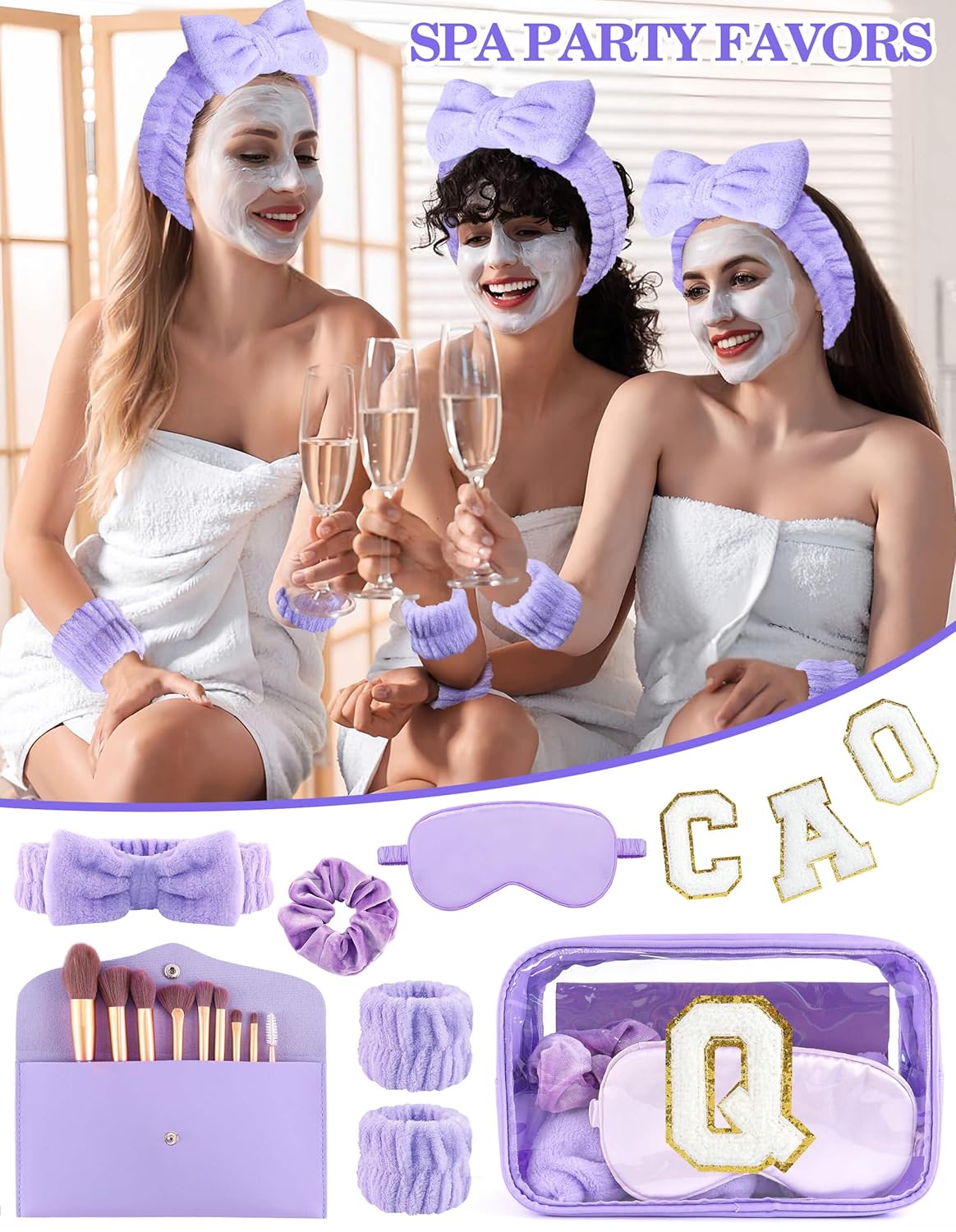 Gift Sets for Women, Initial Makeup Bag with Makeup Brush Set Bachelorette Party Favors, Purple Spa Kit with Skincare Headbands Wrist Bands Sleepover Party Supplies Gifts for Teen Girls Bridesmaid Q