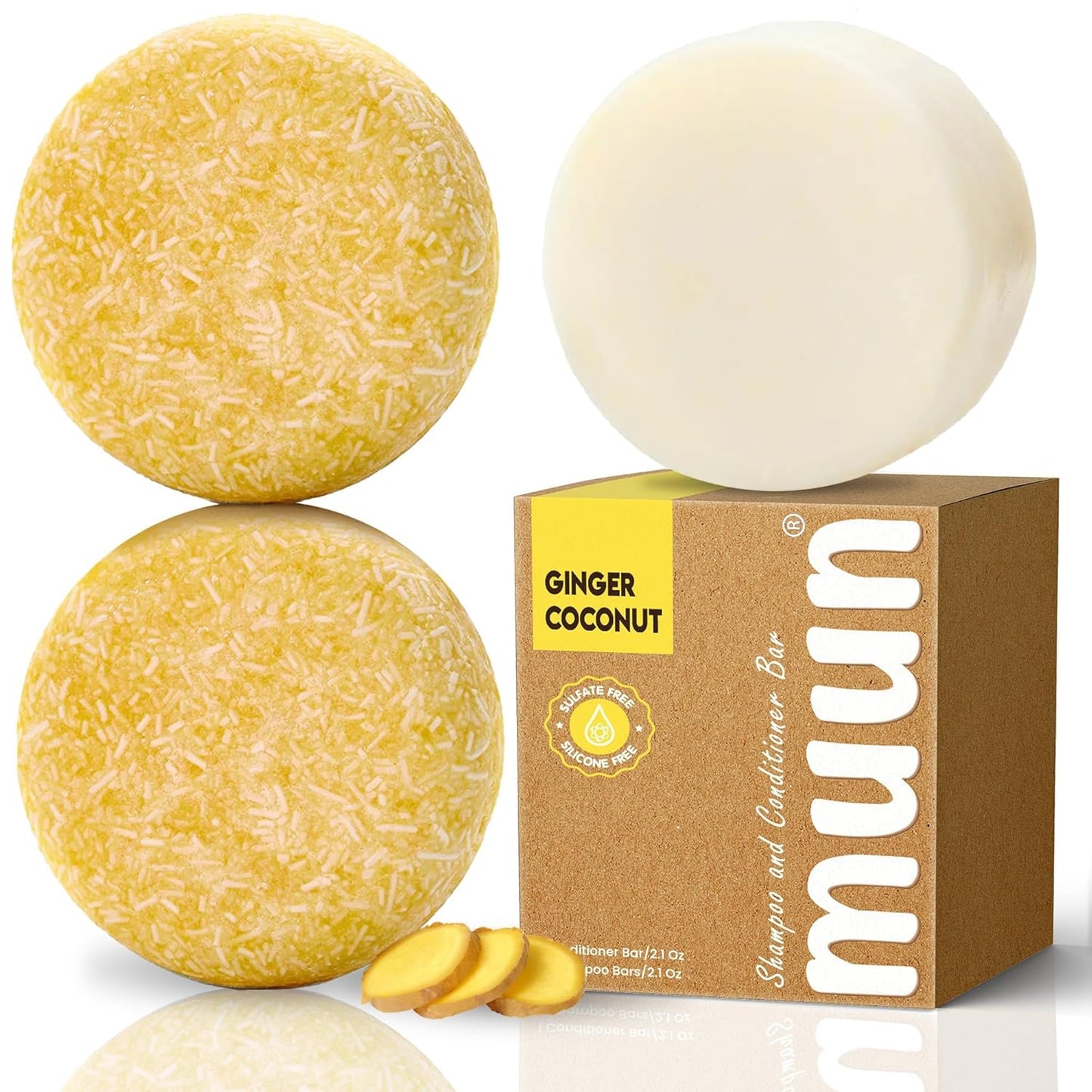 Muun Ginger Shampoo and Conditioner Bar Pack 3 - Hair Growth & Regrowth, Anti Hair Loss, Strengthen & Volumize, pH Balanced - Sulfate & Silicone Free For All Hair Type - Solid Soap for Travel