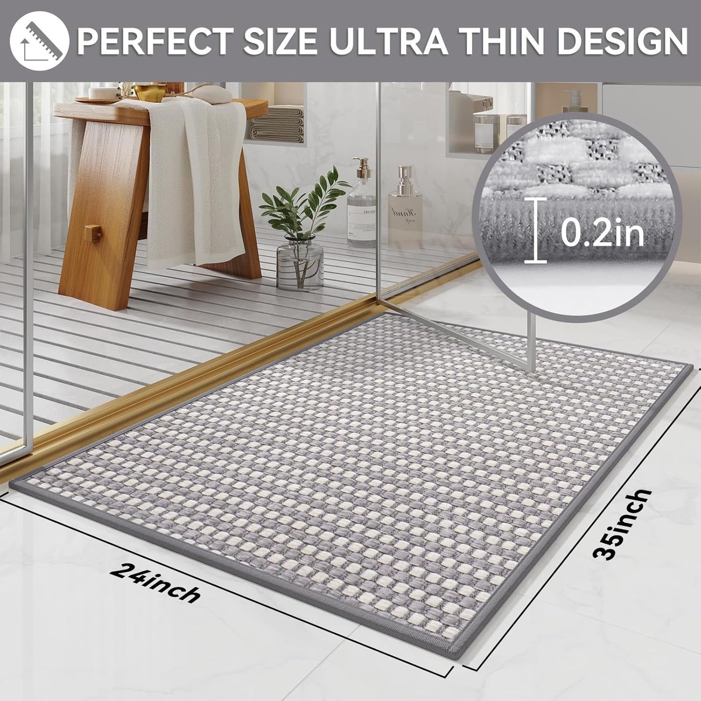 Non Slip Bath Mat Bathroom Rugs, Soft Braided Ultra Thin Bath Mats, Super Absorbent Quick Dry Bath Rug Shower Mat, Rubber Backing, Fit Under Door Bathroom Floor, Machine Washable, Gray 24" x 35"