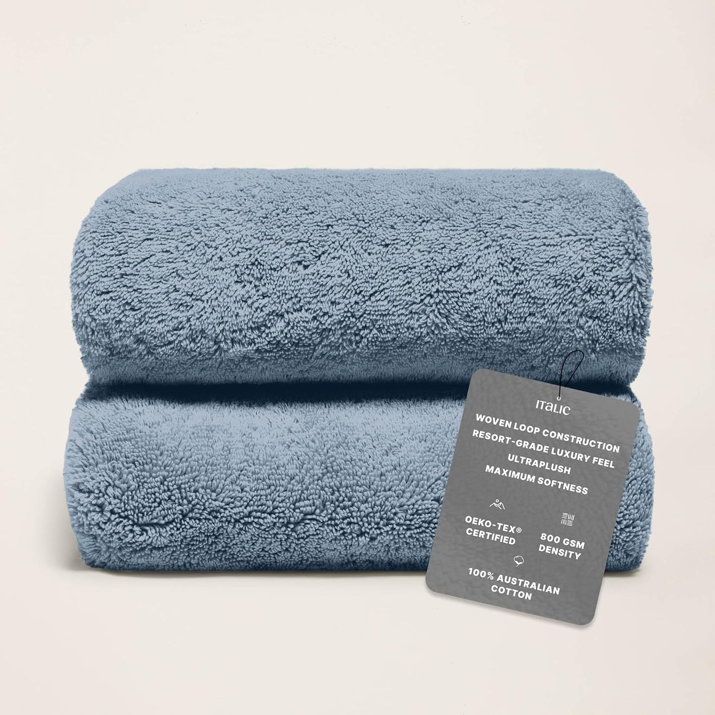Italic Ultraplush 100% Australian Cotton Towels - Set of 2 Luxury Bath Towels, Quick Dry Plush and Absorbent, Heavy Duty Large Bath Towels, 800GSM for Bathroom & Spa (Glacier)