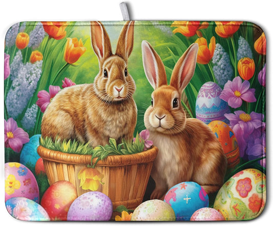 Easter Bunny Eggs Dish Drying Mat for Kitchen Counter, Tulip Floral Flower Drying Mat Spring Summer Holiday Dish Mat Drying Kitchen Mat Absorbent Kitchen Drying Mat for Sink 16x18Inch