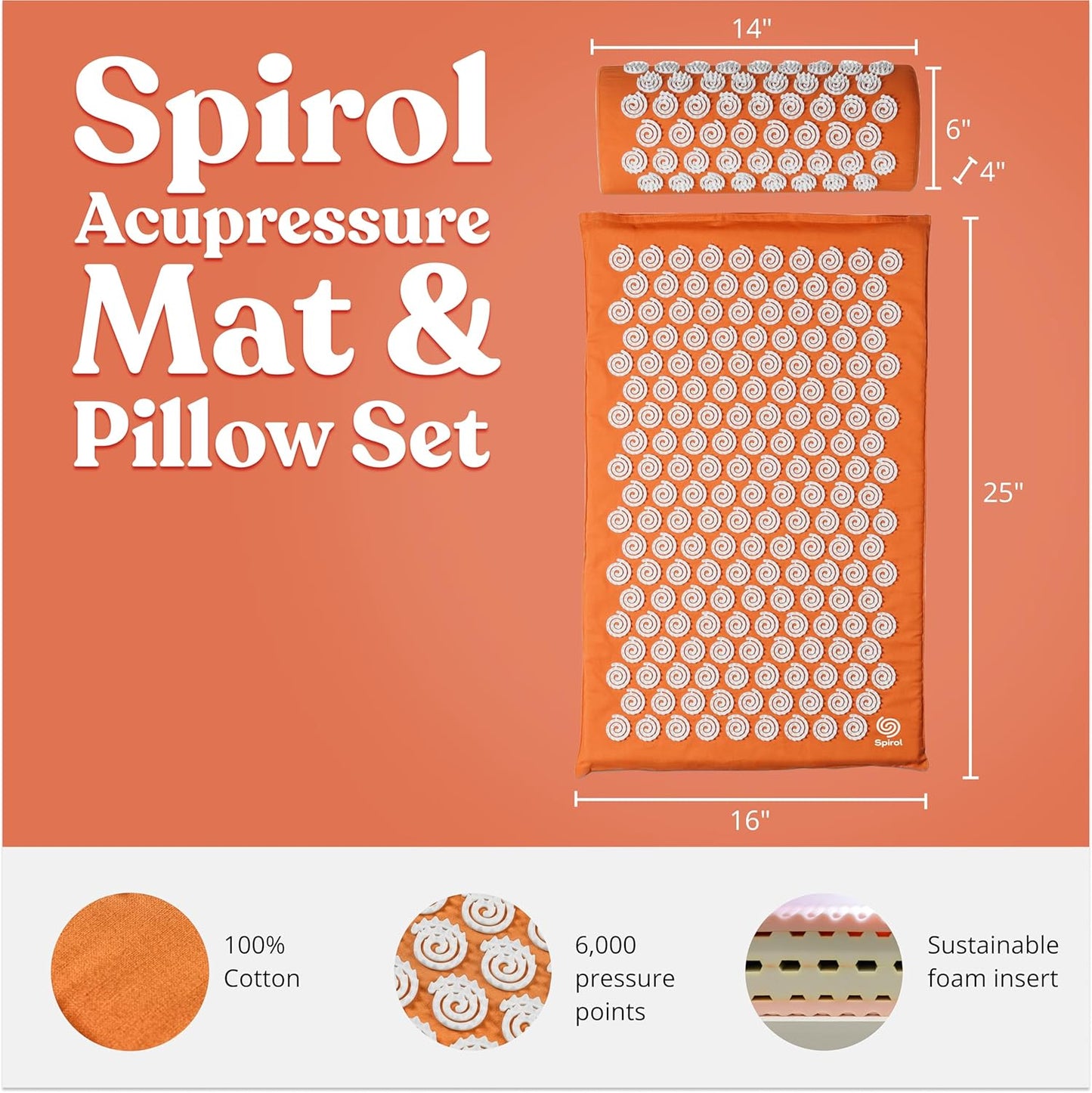 Spirol Acupressure Mat and Pillow Set for Back, Neck and Shoulder Pain Relief, with Flexible Acupressure Spikes, Includes Carry Bag (Orange)