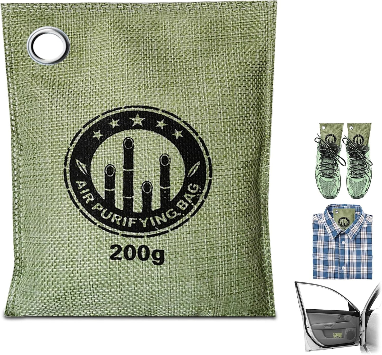 4 Pack charcoal odor absorber,Bamboo Charcoals Air Purifying Bag Charcoals Deodorizer Eliminator for Strong Odors in Car, Closet, Shoe, Basement (200G*4 Pack Green, Unscented)